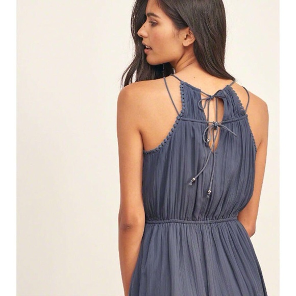 A&F Chiffon High Neck Navy Skater Dress - Picture 2 of 9